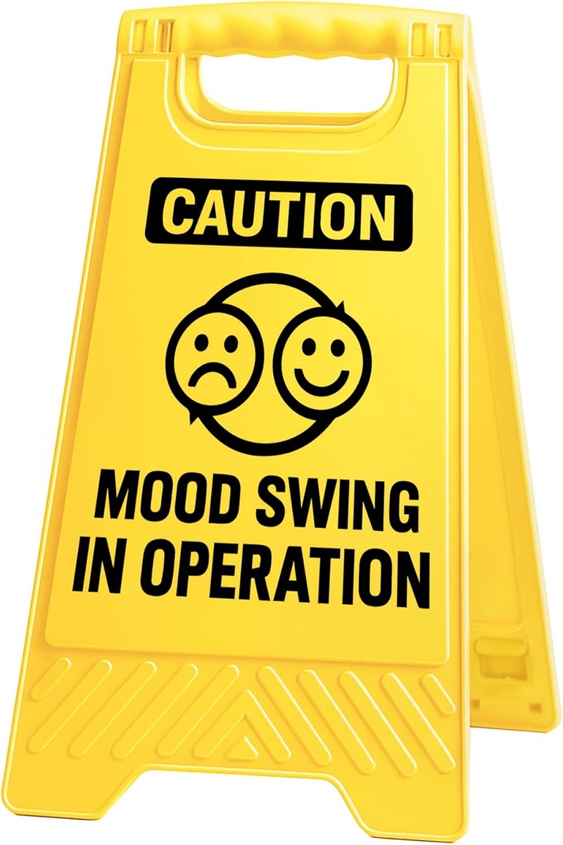 EXUBERIUM Caution Mood Swing in Operation Funny Reminder Desk Sign Yellow Warning Style Office Table Decorative Gift for Coworkers Friends Home Workspace Phone Holder Mirror Acrylic Cubicle Tabletop Sign - Image 1